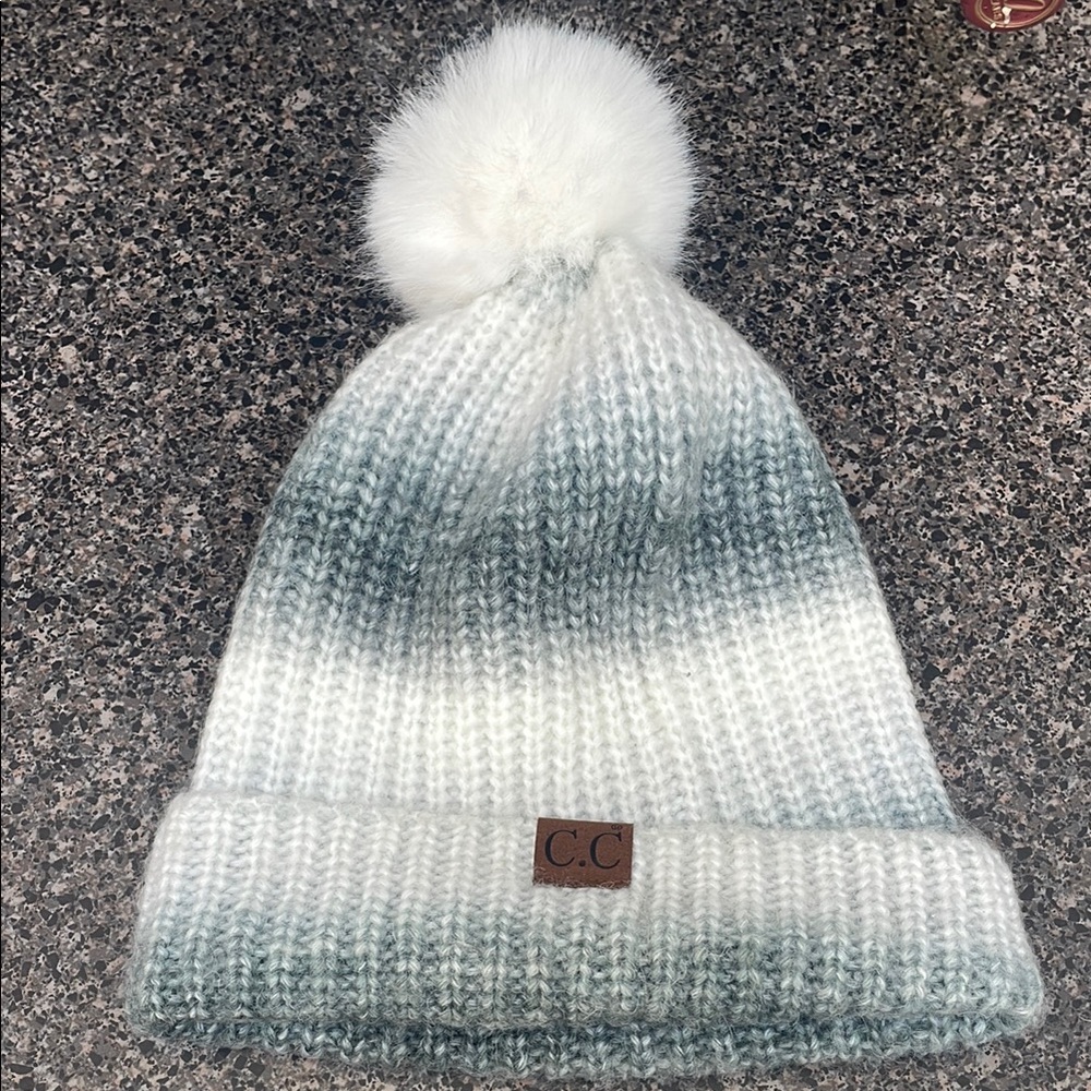 C.C White and Gray Ombre Knit Hat with Pom-Pom